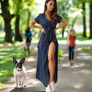 Navy Polka Dot Maxi Dress | Wrap Style, High Slit, Short Sleeve